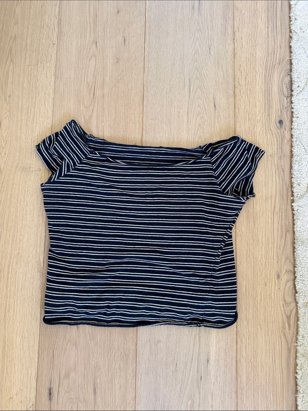 Brandy Melville Navy and White Striped Off-Shoulder Crop Top
